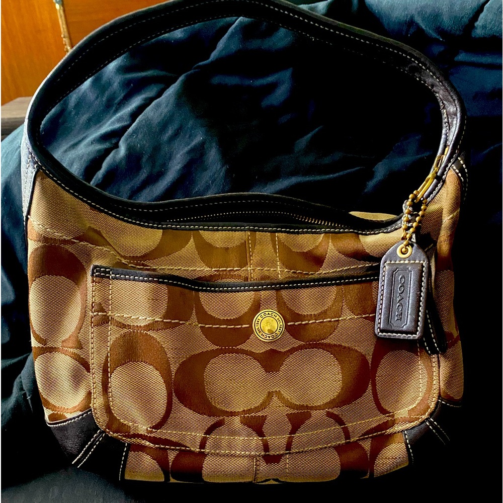 BEAUTIFUL COACH JACQUARD SIGNATURE HOBO DARK BROWN AND LEATHER